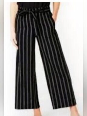 JJill Emilie Black Stripe Linen Paperbag Stretch Wide Leg Crop Pants S